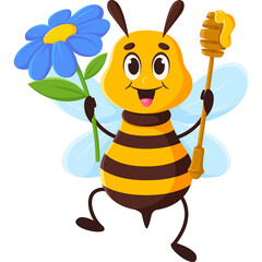 Cute Cartoon Bee Holding a Blue Flower and Honey Dipper with Transparent Background