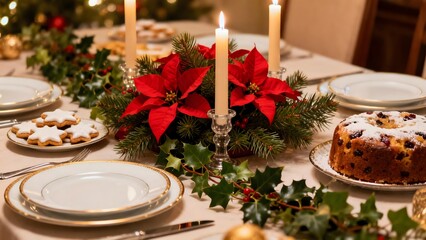 A festive and elegant Christmas dinner table setup, perfect for promoting holiday dining, hospitality services, or seasonal food products.