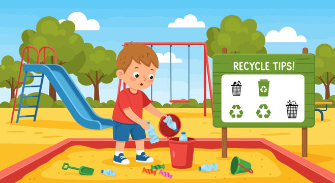 Promoting environmental awareness a young boy recycling in a vibrant playground