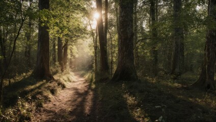 Fototapeta premium Sunlight streams down a forest trail
