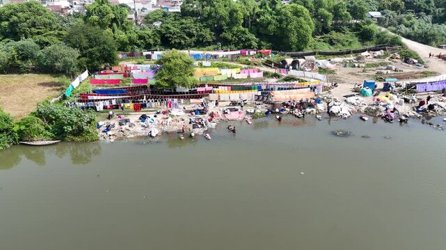 Aerial shot of Dhobi Ghat at Gomti River at Husainabad, Lucknow, Uttar Pradesh, India