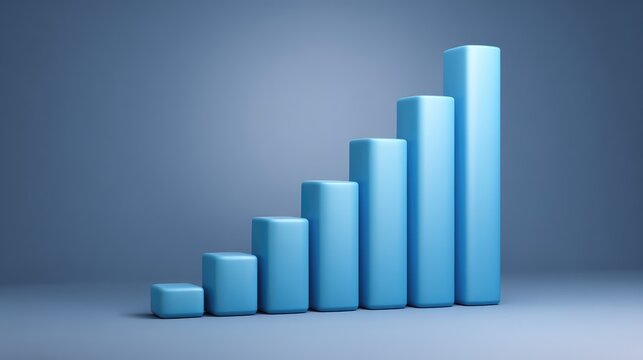 Abstract 3D Illustration of Increasing Bar Graph Representing Growth and Progress with Soft Blue Tones Against a Minimalist Background for Business Themes