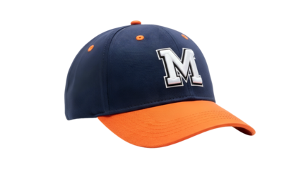 Deep blue sports headwear featuring a prominent white letter M on the front panel and an orange brim