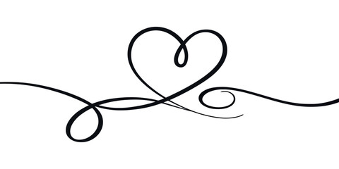 Vector elegant heart shape formed by a continuous black line with decorative swirls on a white background design