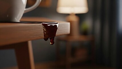 Calm cinematic moment of spilled coffee slowly dripping from a table edge - Powered by Adobe