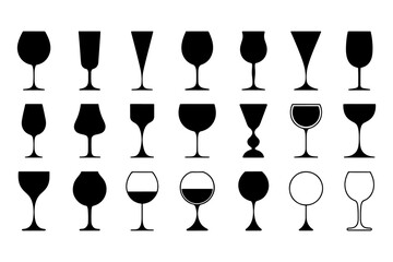 Drinking Glass Silhouette Set – Wine, Cocktail, and Goblet Icons for Bar Design