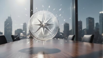 A compass floats over a boardroom table, with arrows pointing outwards, city view in the background