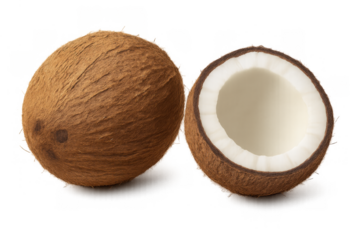 Whole and half coconut showing white meat, fresh tropical fruit with transparent background for healthy eating