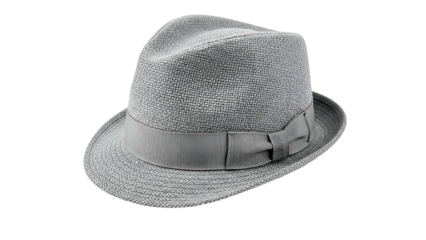 Woven light gray fedora style headwear rests against a solid black background