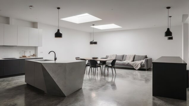 Modern minimalist open-plan kitchen and living space, with skylights and geometric island