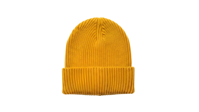 Knitted winter headwear in bright yellow shade displayed on a dark backdrop
