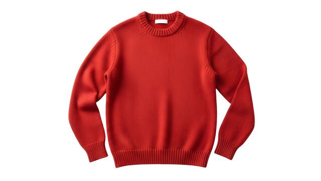 Plain bright red knit pullover garment displayed against a dark background