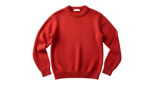 Plain bright red knit pullover garment displayed against a dark background