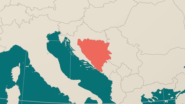 Bosnia and Herzegovina map. Animated zoom into the country on the Globe in Teal Pale Mint color palette. Country logo animation. Map with meridians, parallels. Amazing video.