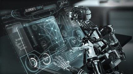 Robot Interacting with Futuristic Holographic Display - Powered by Adobe