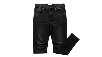 Folded pair of dark wash denim trousers displayed against a solid black background