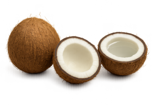 Coconut, whole and split, displaying fresh tropical fruit with brown husk and white flesh, transparent background