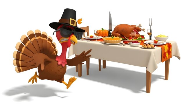 Funny Thanksgiving illustration of a cartoon turkey wearing sunglasses and a pilgrim hat running away from a dinner table full of festive food.