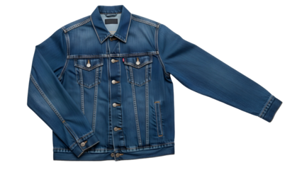 Classic blue denim outerwear garment displayed flat against a dark background