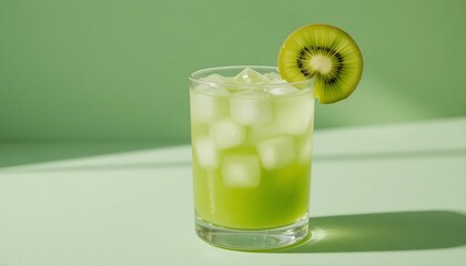 Refreshing kiwi cocktail in rounded glass with ice cubes and fruit garnish on pastel light green background	