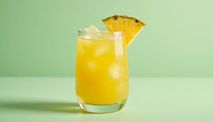 Tropical pineapple cocktail in a clear round glass, pineapple garnish, and ice, isolated on pastel mint