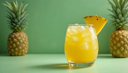 Tropical pineapple cocktail in a clear round glass, pineapple garnish, and ice, isolated on pastel mint