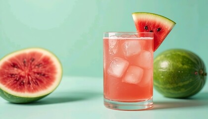 Refreshing watermelon cocktail in rounded glass with ice cubes and fruit garnish on pastel mint green background