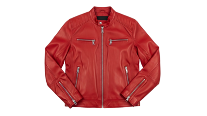 Vibrant red leather motorcycle style jacket presented on a dark background