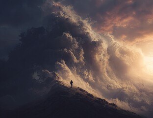 A solitary figure stands atop a peak, facing a towering wave of dramatic, stormy clouds