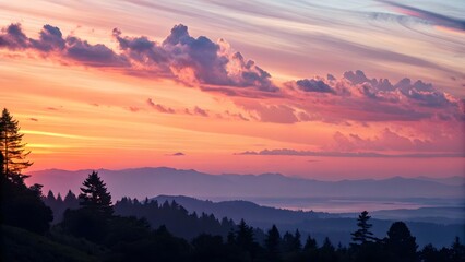 Dramatic Sunset Gradient Over Mountain Range and Forest Silhouette Wallpaper Background