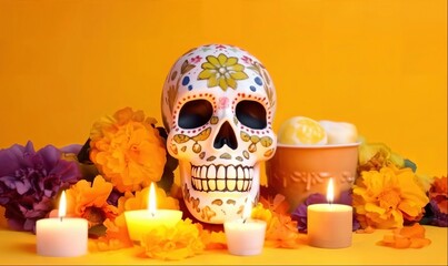 
Traditional Day of the Dead altar with decorated sugar skulls, marigold flowers and candles on orange background