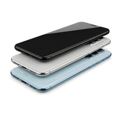 Three modern smartphones stacked on a white background, showcasing black, silver/white, and light blue device colors. Great for visualizing product lineup, color variations, and new mobile technology.