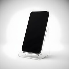 Sleek black smartphone with a blank screen, standing upright on a clear acrylic display stand. Ideal mockup for demonstrating app interfaces, video viewing, and hands-free mobile.