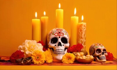 
Traditional Day of the Dead altar with decorated sugar skulls, marigold flowers and candles on orange background