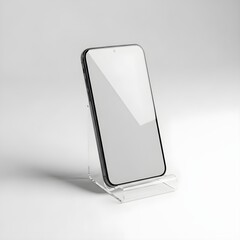 Thin-bezel smartphone with a blank screen, angled and held by a clear acrylic stand. Ideal mockup for showcasing vertical mobile interfaces, hands-free video calls, and modern display accessories.