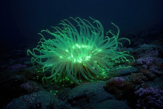 A vibrant, bioluminescent sea anemone glows amongst rocks on the ocean floor, tentacles reaching