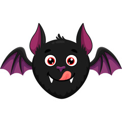 Cute cartoon black bat with big red eyes and purple wings sticking out its pink tongue against a white background
