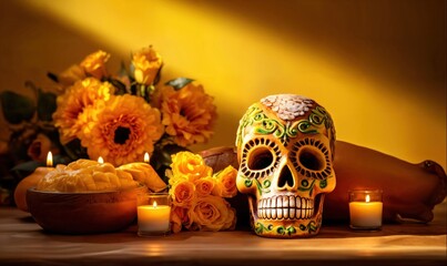 
Traditional Day of the Dead altar with decorated sugar skulls, marigold flowers and candles on orange background