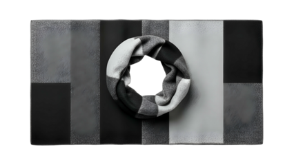 Woolen neck covering rests upon a monochrome checkered surface in a dark setting