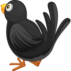 Cute Cartoon Blackbird With Orange Beak And Feet Walking Isolated On White