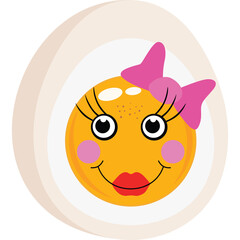 Cute cartoon boiled egg character with a pink bow and red lips smiling on a transparent background