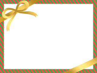 金のリボンと赤緑ストライプのクリスマスフレームイラスト