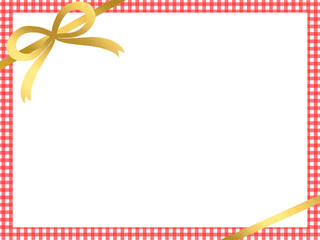 金のリボンが飾られた赤いチェック柄のフレーム背景素材