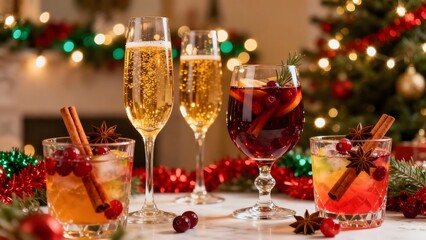 A stylish holiday party scene with elegant glasses of mulled wine, champagne, and festive cocktails. The drinks are adorned with cinnamon sticks, cranberries, and star anise.