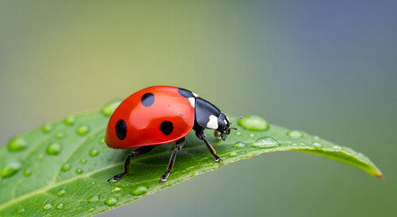 Fototapeta premium A vibrant red ladybug with black spots rests on a dew-covered green leaf, highlighting nature's intricate beauty and small wonders