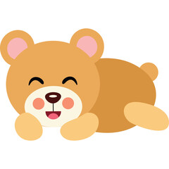 Cute cartoon brown teddy bear lying down with a happy expression on its face against a clean white background showing its full body with rounded ears and paws