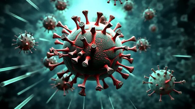 virus particles in a dynamic environment, showcasing intricate details and textures, with a focus on the structure and appearance of the pathogens in a scientific context.