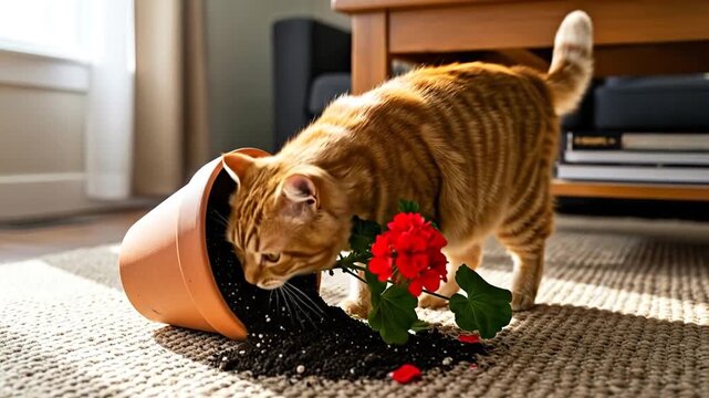 Mischievous cat knocks over flower pot creating a mess with soil on the rug