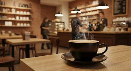 Warm cozy coffee shop interior with steaming cup of coffee on wooden table and blurred background of baristas and shelves creating inviting atmosphere for relaxing break or casual meeting