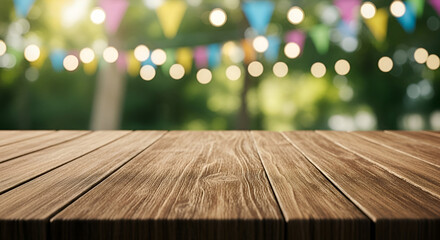 Empty wooden table in outdoor setting with blurred colorful lights and greenery in the background perfect for celebration or outdoor event backdrop